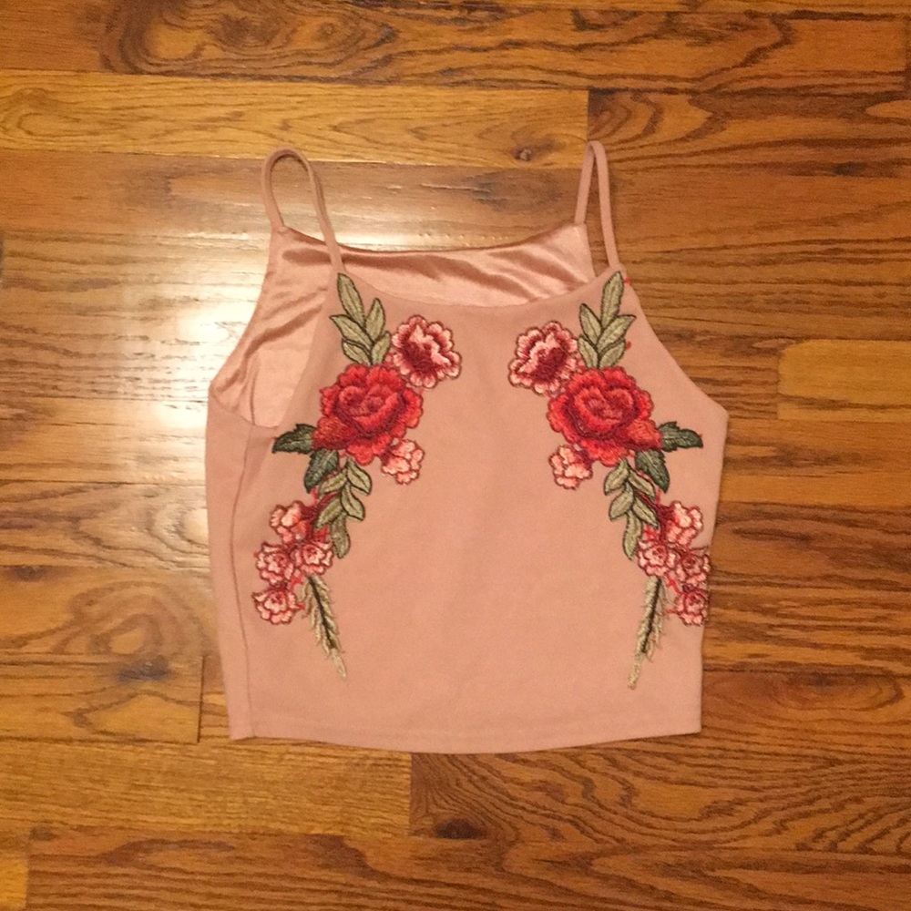 ROMWE pink rose embroidery top
